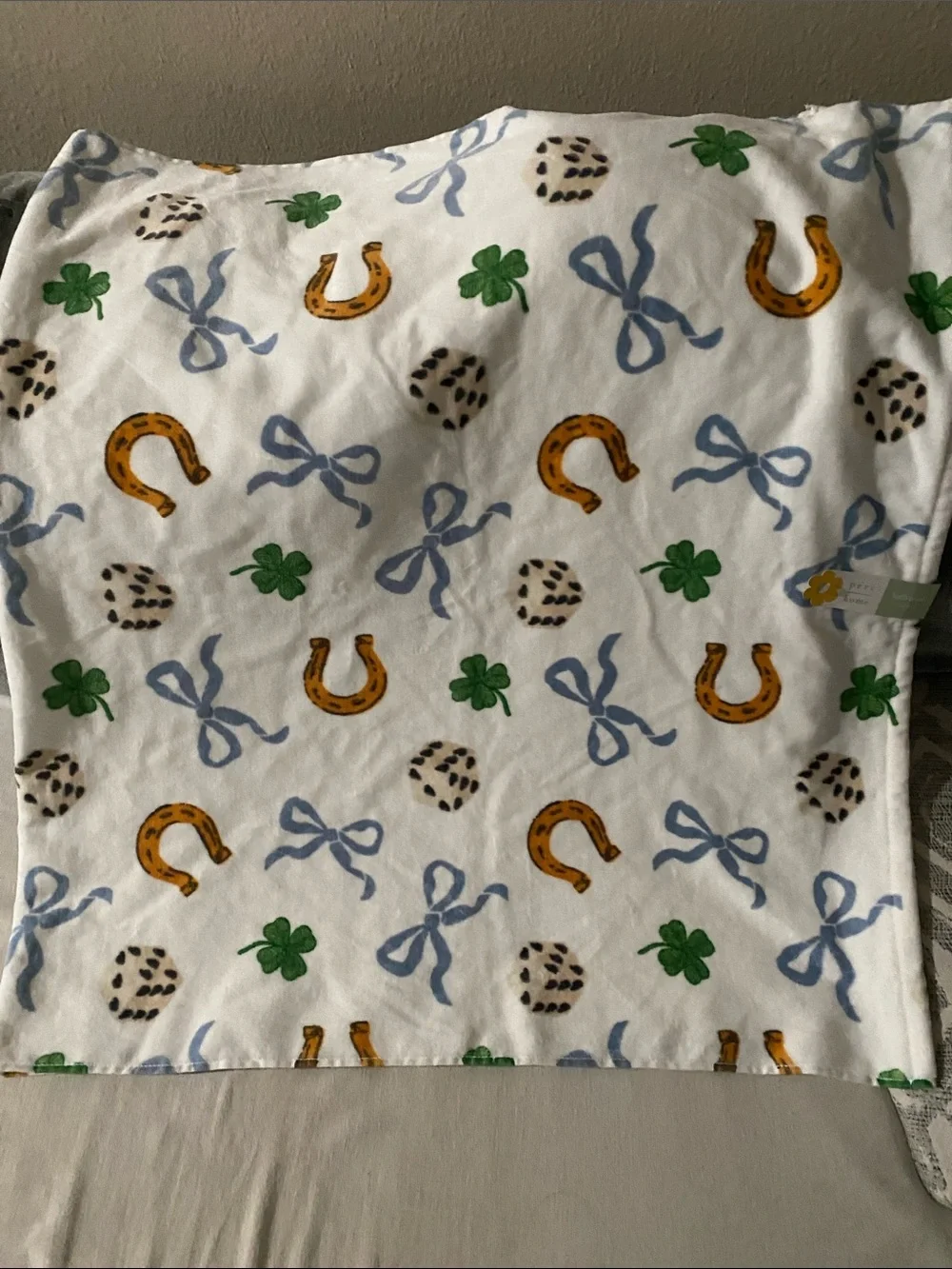 Lucky Horseshoe Kids Bath Towel - White with Green & Blue Accents